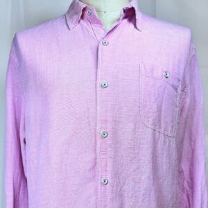 Tommy Bahama Linen Blend Flip Cuff Pink Gingham Plaid Check Long Sleeve Mens XL